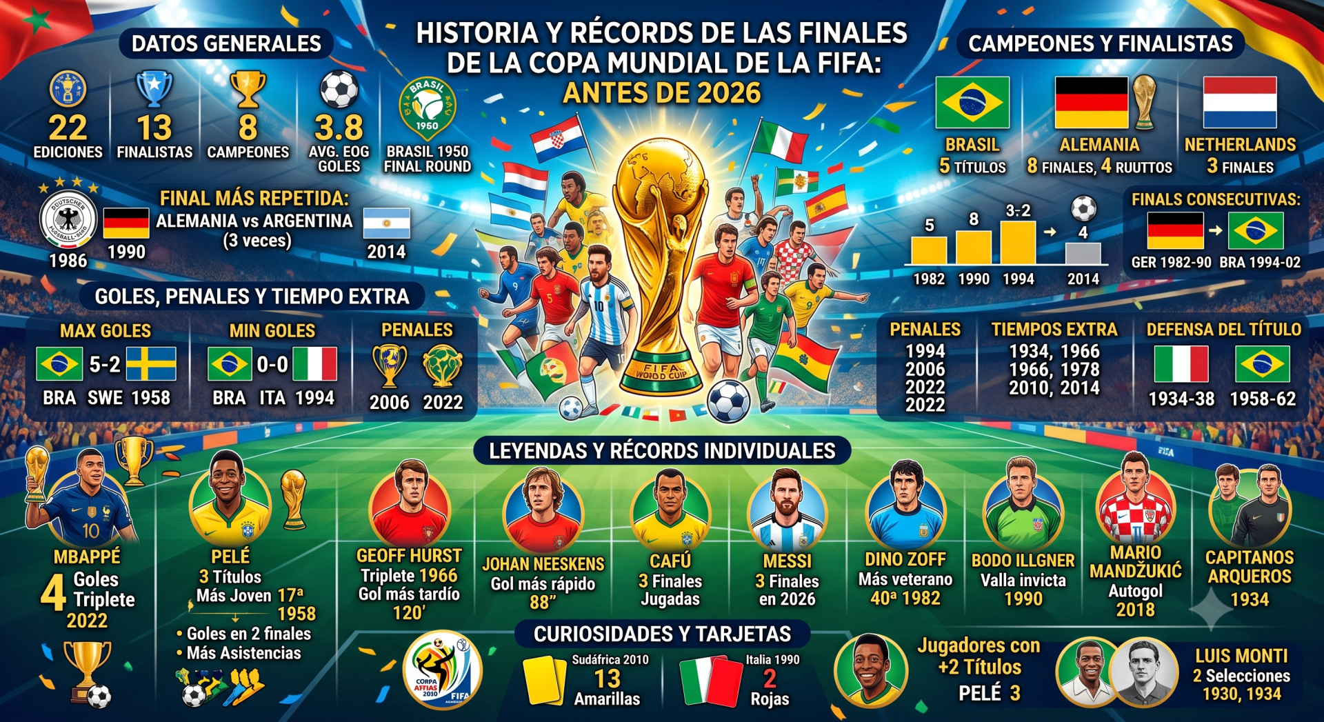 Infografía con datos históricos, récords, campeones, finales repetidas, goleadores, penales y curiosidades de las finales de la Copa Mundial de la FIFA antes de 2026.