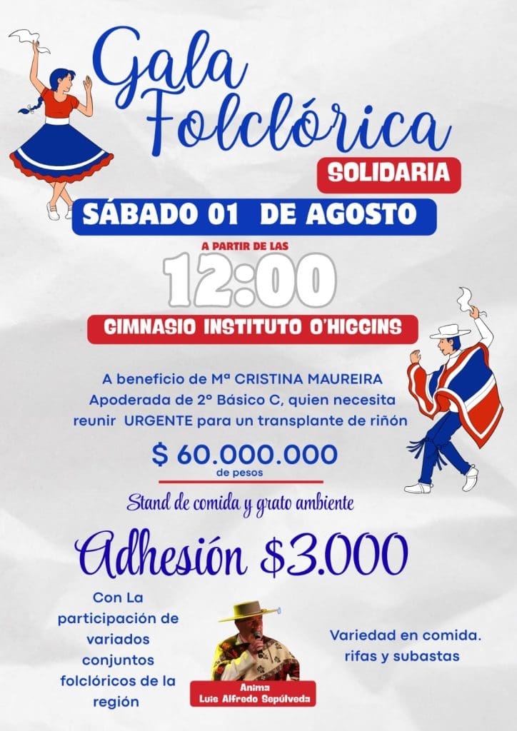 Gala folclórica solidaria en apoyo a María Cristina Maureira en el Instituto O'Higgins.
