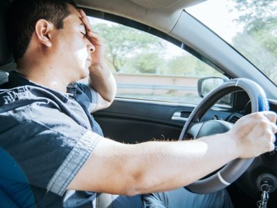 fatigued driver stuck in traffic, concept of a fatigued man in his car, stressed. A driver with a headache in traffic, A person with a headache in traffic