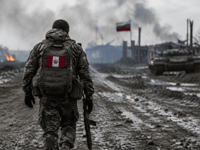 Ilustración de un soldado con una bandera peruana en un escenario de guerra asociado al conflicto entre Rusia y Ucrania
