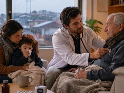 Alt: Médico a domicilio atendiendo a un adulto mayor y a un niño con síntomas respiratorios durante el invierno