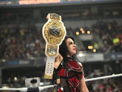Iyo Sky (Rainbow gear), Stephanie Vaquer (Red and black gear). Wrestlepalooza at Gainbridge Fieldhouse on September 20, 2025 in Indianapolis, Indiana.  (Photo by WWE)
