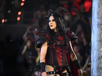 Iyo Sky (Rainbow gear), Stephanie Vaquer (Red and black gear). Wrestlepalooza at Gainbridge Fieldhouse on September 20, 2025 in Indianapolis, Indiana.  (Photo by WWE)