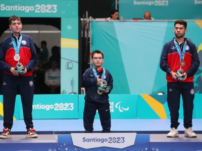 SANTIAGO, CHILE Ð NOV 18: Ceremonia de entrega de medallas de Para Tenis de Mesa individual masculino Clase 5 en los Juegos Parapanamericanos Santiago 2023 en el Centro de Entrenamiento Olimpico de Nunoa el 18 de Noviembre en Santiago, Chile. / medal ceremony table tennis menÕs singles Class 5 at the Santiago 2023 Para Pan American Games at NunoaÕs Olympic Training Center on November 18 in Santiago, Chile. (Foto de: Dragomir Yankovic/Parapanamericanos STGO 2023 via Photosport)