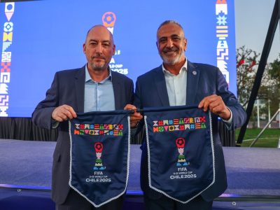 SANTIAGO, CHILE - JANUARY 29: Jaime Yarza Director of FIFA Tournaments and Pablo Milad president of Asociación Nacional de Futbol Profesional (ANFP) pose for a photo during FIFA U-20 World Cup Chile 2025 Emblem Launch at Estadio Nacional Julio Martínez Prádanos on January 29, 2025 in Santiago, Chile. (Photo by Marcelo Hernandez - FIFA/FIFA via Getty Images)