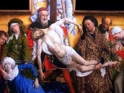 El Descendimiento de la cruz adquiere una intensidad casi escultórica en el realizado por Rogier van der Weyden en 1435. Detalle. Foto: ©Museo Nacional del Prado